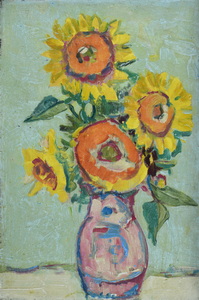 Werkverzeichnis Nr. 842, um 1974, Sonnenblumen in rosablauer Vase, Öl auf Karton, 61,5 x 40,3 cm