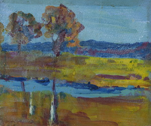 Werkverzeichnis Nr. 807, um 1974, Wassergraben mit zwei Bäumen, Öl auf Karton, 24,7 x 29,6 cm