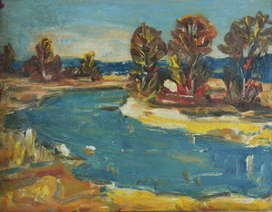 Werkverzeichnis Nr. 805, um 1974, Fluß mit Bäumen, Öl auf Karton, 37,2 x 48,9 cm