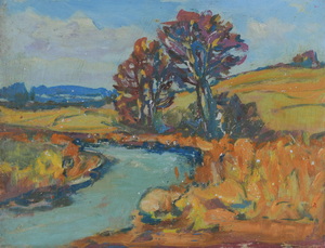 Werkverzeichnis Nr. 806, um 1974, Bach mit Bäumen, Öl auf Karton, 37,3 x 48,5 cm