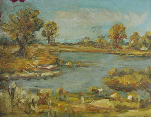 Werkverzeichnis Nr. 813, um 1974, Mooslandschaft mit See, Öl auf Karton, 38,0 x 48,4 cm