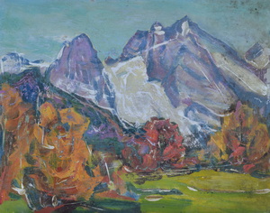 Werkverzeichnis Nr. 831, um 1974, Watzmannes, Öl auf Karton, 38,0 x 48,5 cm