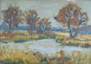 Werkverzeichnis Nr. 812, um 1974, Mooslandschaft mit Weiher, Öl auf Karton, 38,0 x 53,0 cm