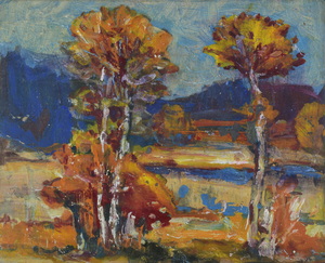 Werkverzeichnis Nr. 811, um 1974, Mooslandschaft mit Bäumen und einem Tümpel, Öl auf Karton, 38,2 x 46,0 cm