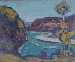 Werkverzeichnis Nr. 793, um 1974, Isar, Öl auf Karton, 39,0 x 46,2 cm