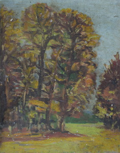 Werkverzeichnis Nr. 826, um 1974, Bäume am Waldrand, Öl auf Karton, 40,0 x 37,5 cm