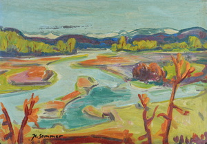 Werkverzeichnis Nr. 795, um 1974, Isar mit Kiesbänken, Öl auf Karton, 40,2 x 57,3 cm, bez. u.l.: K. Sommer