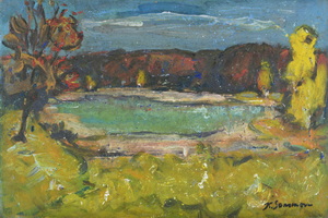 Werkverzeichnis Nr. 818, um 1974, Landschaft mit See und Wald, Öl auf Karton, 40,2 x 59,3 cm