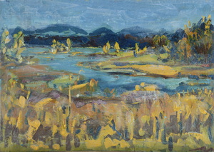 Werkverzeichnis Nr. 802, um 1974,  Wasserfläche in den Voralpen, Öl auf Karton, 40,5 x 56,8 cm