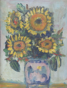 Werkverzeichnis Nr. 838, um 1974, Vier Sonnenblumen in blauweißer Vase, Öl auf Karton, 48,2 x 37,3 cm