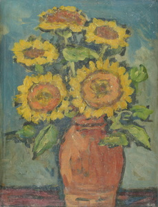 Werkverzeichnis Nr. 839, um 1974, Sonnenblumen in brauner Vase, Öl auf Karton, 48,7 x 37,3 cm