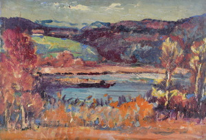 Werkverzeichnis Nr. 820, um 1974, See zwischen Hügeln, Öl auf Karton, 52,9 x 76,8 cm