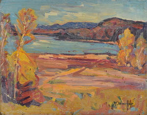 Werkverzeichnis Nr. 822, um 1974, Voralpensee, Öl auf Hartfaser, 56,5 x 71,0 cm