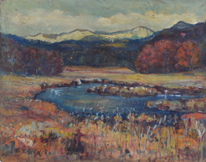 Werkverzeichnis Nr. 819, um 1974, Moorsee im Voralpengebiet, Öl auf Hartfaser, 56,6 x 70,9 cm