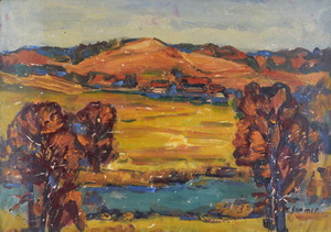 Werkverzeichnis Nr. 821, um 1974, Gewässer in einer hügeligen Landschaft, Öl auf Karton, 57,0 x 80,4 cm
