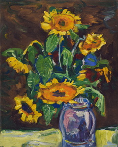 Werkverzeichnis Nr. 840, um 1974, Sonnenblumen in blauer Vase vor brauner Wand, Öl auf Hartfaser, 70,8 x 56,4 cm