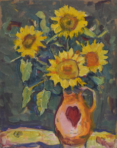 Werkverzeichnis Nr. 841, um 1974, Vier Sonnenblumen in braunem Krug , Öl auf Hartfaser, 70,8 x 56,5 cm