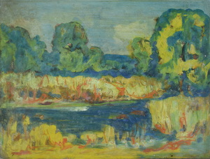 Werkverzeichnis Nr. 815, um 1974, Mooslandschaft mit Teich, Öl auf Karton, 48,9 x 37,3 cm
