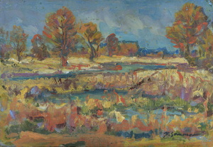 Werkverzeichnis Nr. 817, um 1974, Mooslandschaft mit Bäumen und Wasserflächen, Öl auf Karton, 57,2 x 39,7 cm, 
						Rückseite bemalt mit Wvz Nr ..., 1969 Geiselstein