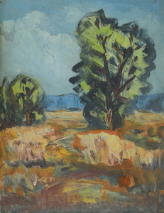 Werkverzeichnis Nr. 827, um 1974, Bäume in einer Mooslandschaft, Acryl auf Karton, 48,6 x 37,6 cm