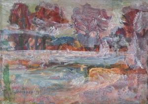 Werkverzeichnis Nr. 856,  1975-1990, Mooslandschaft mit Gewässer und Bäumen, übermalt um 1990, Öl auf Karton, 38,3 x 52,9 cm,
						bez. u.l.:  K. Sommer 75