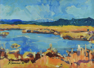 Werkverzeichnis Nr. 852, 1975, See mit Schilfufern und Benediktenwand, Acryl auf Karton 38,4 x 52,8 cm,
						bez. u.l.:  K. Sommer 75
