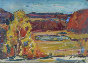 Werkverzeichnis Nr. 850, 1975, Weiher in hügeliger Landscahft, Öl auf Karton 38,3 x 53,0 cm,
						bez. u.r.:  K. Sommer 75