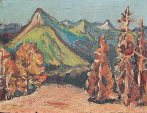 Werkverzeichnis Nr. 847,  1975, Alpengipfel mit Bäumen und Tannen, Öl auf Karton, 44,8 x 59,4 cm<br>
						bez. u.l.:  K. Sommer 75, teilweise übermalt