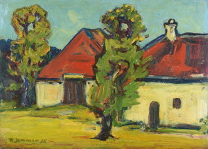 Werkverzeichnis Nr. 854,  1975, Häuser mit Bäumen, Öl auf Karton, 38,0 x 52,8 cm,
						bez. u.l.:  K. Sommer 75