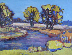 Werkverzeichnis Nr. 860, 1975, Amper mit Bäumen, Öl auf Karton, 37,6 x 48,4 cm