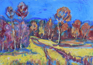 Werkverzeichnis Nr. 882, 1975, Feldweg mit Bäumen, Öl auf Karton, 56,6 x 80,4 cm