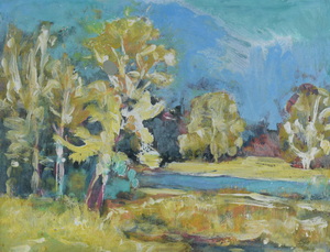 Werkverzeichnis Nr. 864, um 1975, An der Amper, Öl auf Karton, 37,4 x 48,4 cm