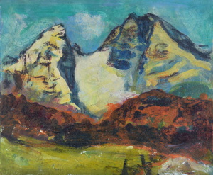 Werkverzeichnis Nr. 895, um 1975, Großer und Kleiner Watzmann, Acryl auf Karton, 39,0 x 46,7 cm