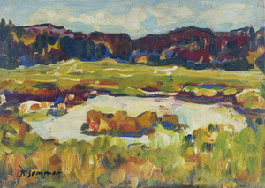 Werkverzeichnis Nr. 876, um 1975, Moorteich vor Hügeln, Öl auf Karton, 38,0 x 52,8 cm