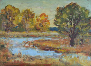 Werkverzeichnis Nr. 867, um 1975, Mooslandschaft mit Gewässer und Bäumen, Öl auf Karton, 38,2 x 52,8 cm