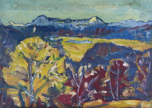 Werkverzeichnis Nr. 893, um 1975, Blick auf den Herzogstand und Heimgarten, Öl auf Karton, 38,3 x 52,8 cm
