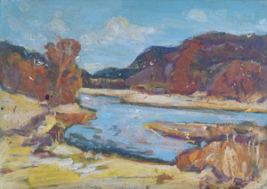Werkverzeichnis Nr. 877, um 1975, Gewässer zwischen Hügeln, Öl auf Karton, 38,3 x 53,1 cm