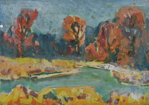 Werkverzeichnis Nr. 874, um 1975, Landschaft mit Gewässer und Wald, Öl auf Karton, 40,0 x 56,5 cm
