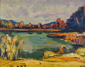 Werkverzeichnis Nr. 887, um 1975, Voralpensee, Öl auf Karton, 56,5 x 71,1 cm
