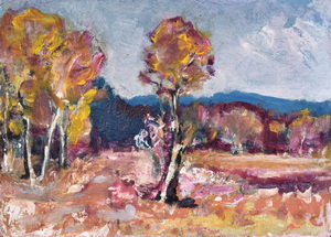 Werkverzeichnis Nr. 883, um 1975, Bäume in einer Mooslandschaft, Acryl auf Karton, 41,5 x 57,5 cm