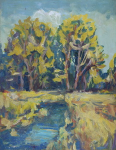Werkverzeichnis Nr. 879, um 1975, Mooslandschaft mit Bäumen und Wassergraben, Öl auf Karton, 47,9 x 37,4 cm