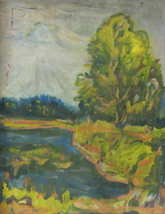Werkverzeichnis Nr. 880, um 1975, Mooslandschaft mit Gewässer und Baum, Öl auf Karton, 47,9 x 37,4 cm