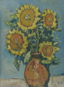 Werkverzeichnis Nr. 908, um 1975, Vier Sonnenblumen in brauner Vase, Öl auf Karton, 59,2 x 44,4 cm