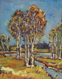 Werkverzeichnis Nr. 878, um 1975, Mooslandschaft mit Bäumen und sich schlängelndem Wassergraben, Öl auf Karton, 71,0 x 56,5 cm