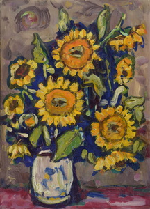 Werkverzeichnis Nr. 909, um 1975, Sonnenblumen in weißer Vase, Öl auf Karton, 52,8 x 38,7 cm