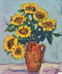Werkverzeichnis Nr. 907, um 1975, Sonnenblumen in braunem Krug, Öl auf Karton, 63,1 x 53,4 cm
