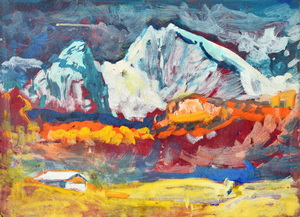 Werkverzeichnis Nr. 898, um  1975, Großer und Kleiner Watzmann mit Hütte, Öl auf Karton, 38,5 x 52,7 cm