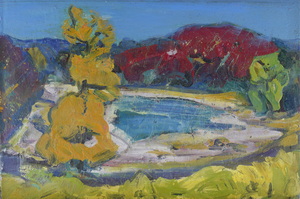 Werkverzeichnis Nr. 873, um 1975, Gewässer mit Bäumen und Wald, Öl auf Karton, 40,8 x 59,6 cm