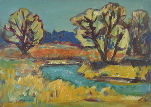 Werkverzeichnis Nr. 872, um 1975, Bach mit Bäumen, Öl auf Karton, 30,7 x 42,9 cm