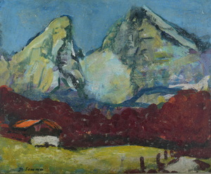 Werkverzeichnis Nr. 897, um 1975, Großer und Kleiner Watzmann mit Haus, Öl auf Karton, 37,1 x 45,0 cm